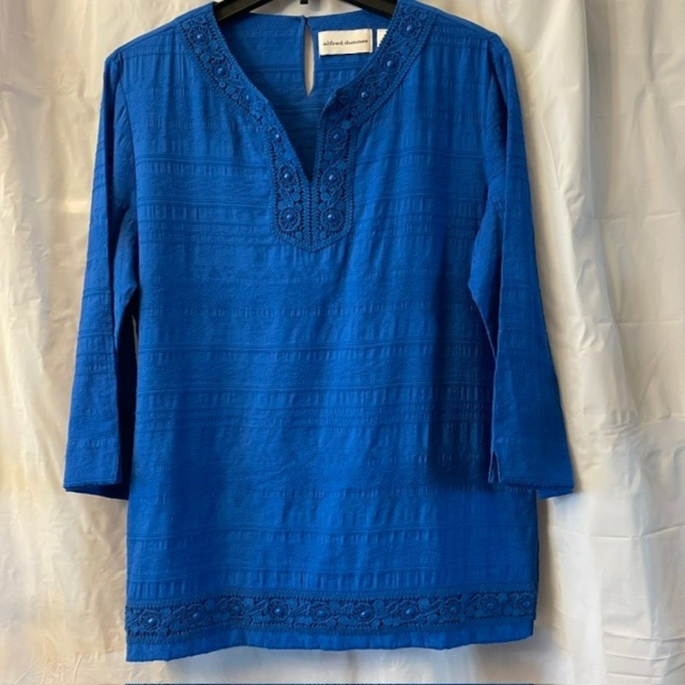 Alfred Dunner Royal Blue Embroidered Crochet Beaded Tunic Top Sz 12‎
